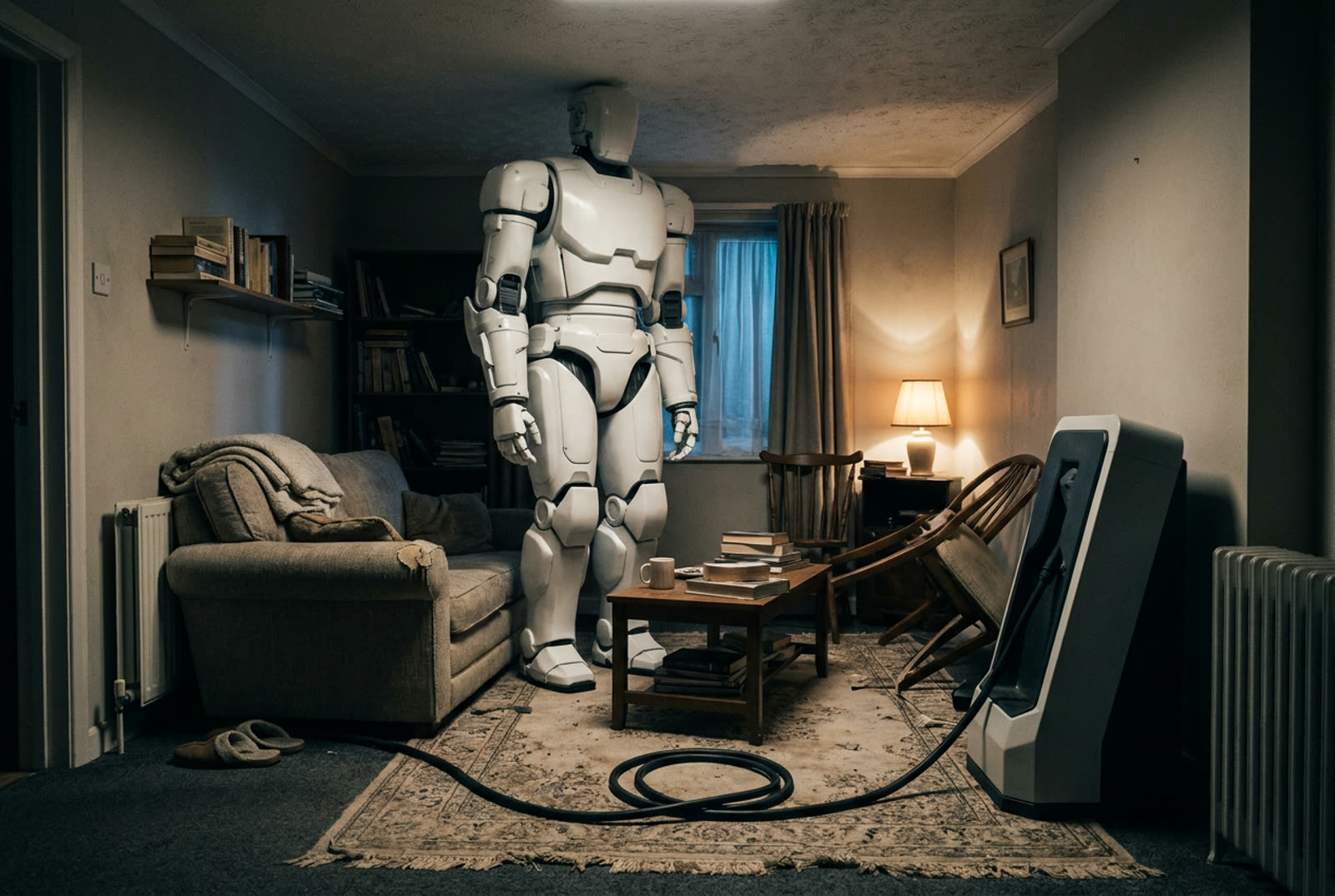 Un robot humanoïde blanc debout dans un petit salon, trop grand pour la pièce, une chaise renversée à ses pieds et un câble d'alimentation traversant le tapis.