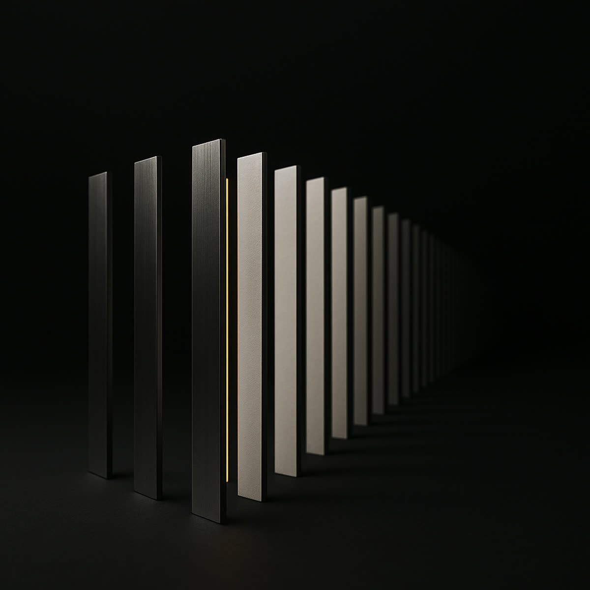 Rangée de plaques métalliques alignées, ligne de lumière ambre filant vers le point de fuite