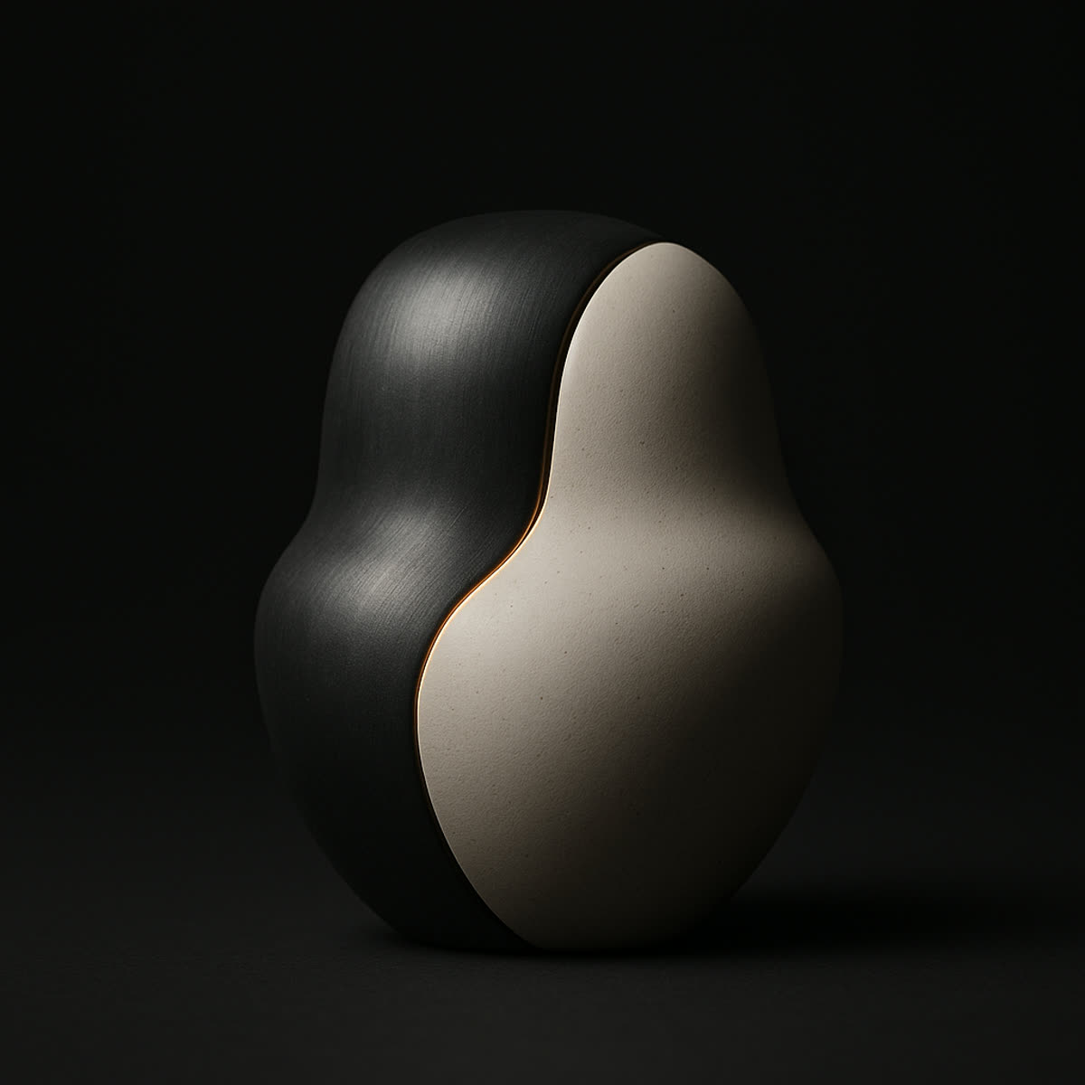 Deux volumes imbriqués et scellés, fine ligne ambre à la jonction